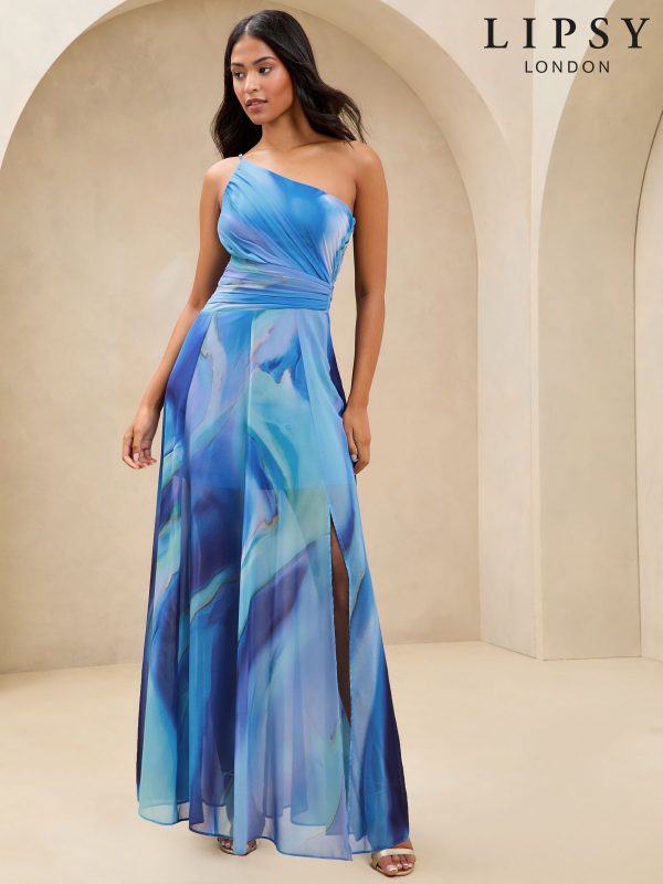 Lipsy Blue One Shoulder Marble Printed Chiffon Maxi Dress