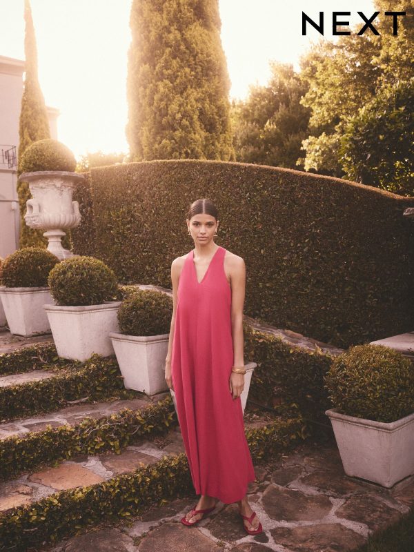 Red Halterneck Maxi Dress With Linen