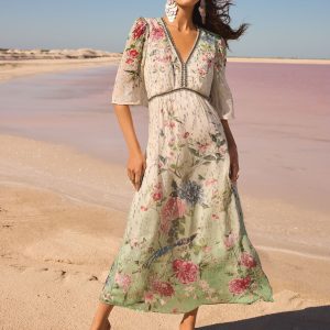 Love & Roses Ivory Printed V-Neck Short Sleeve Midi Dress