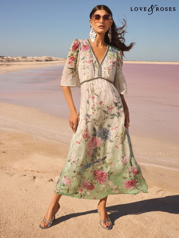 Love & Roses Ivory Printed V-Neck Short Sleeve Midi Dress