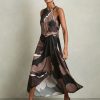 Reiss Brown Michalie Satin Floral Tuck Midi Dress