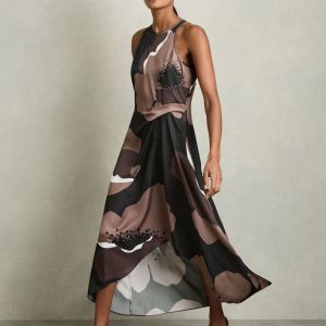 Reiss Brown Michalie Satin Floral Tuck Midi Dress