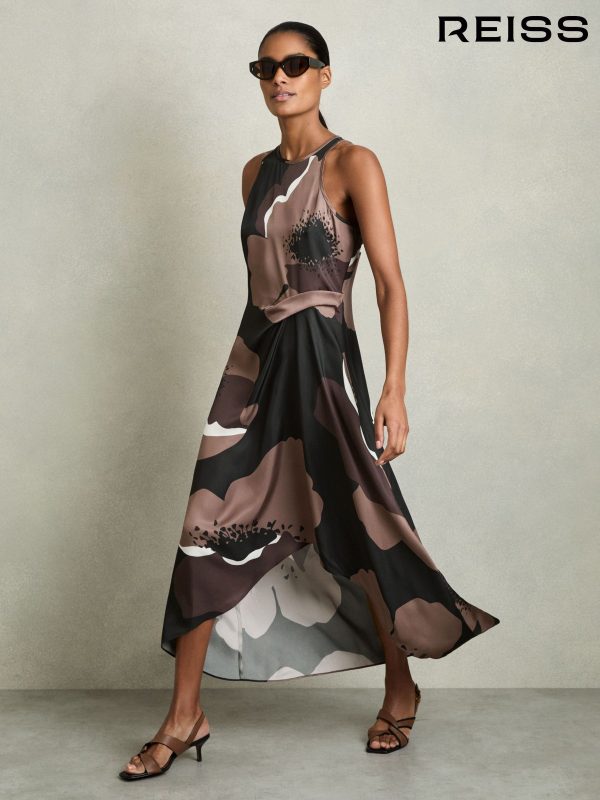 Reiss Brown Michalie Satin Floral Tuck Midi Dress