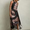Pink Floral and Brown Leopard Print Short Sleeve Crew Neck Spliced Midi Dress