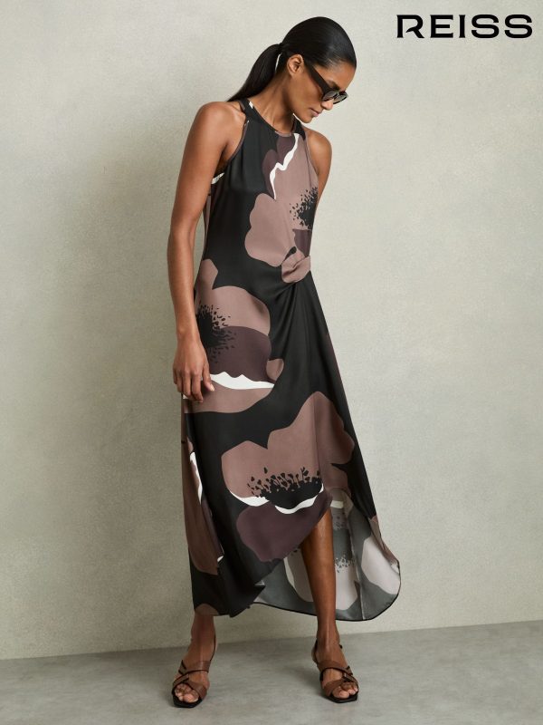 Reiss Brown Michalie Petite Satin Floral Tuck Midi Dress