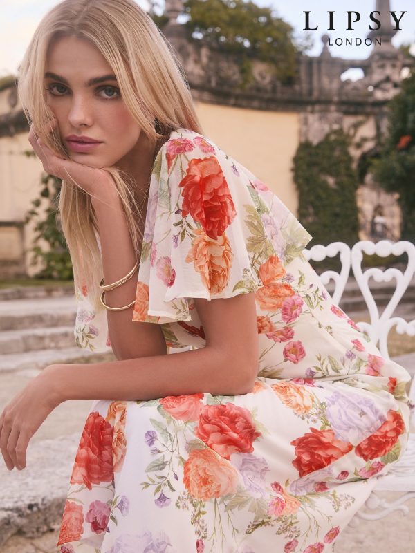 Lipsy White Floral Printed Chiffon Flutter Sleeve Woven Midi Dress