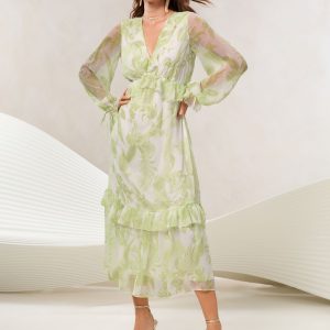 Lipsy Green Floral Long Sleeve V-Neck Ruffle Maxi Dress