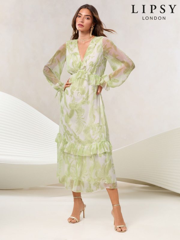 Lipsy Green Floral Long Sleeve V-Neck Ruffle Maxi Dress