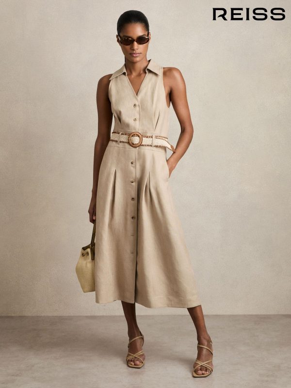Reiss Neutral Annie Linen Belted Sleeveless Midi Dress