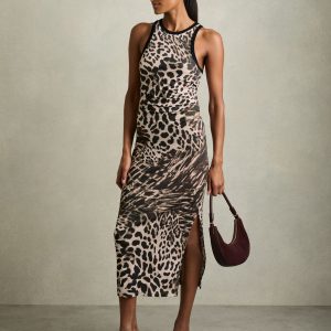 Reiss Neutral Lily Leopard-Print Jersey Bodycon Dress