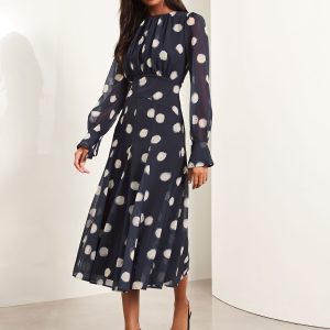 Lipsy Navy Spot Long Sleeve Gathered Waist Midi Dress