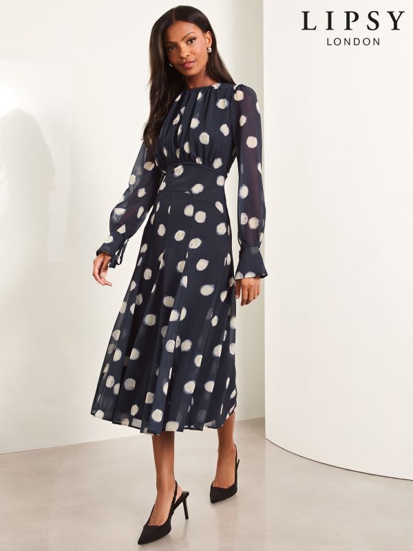 Lipsy Navy Spot Long Sleeve Gathered Waist Midi Dress