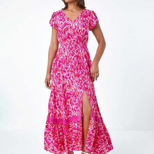 Roman Pink Abstract Print Shirred Waist Maxi Dress