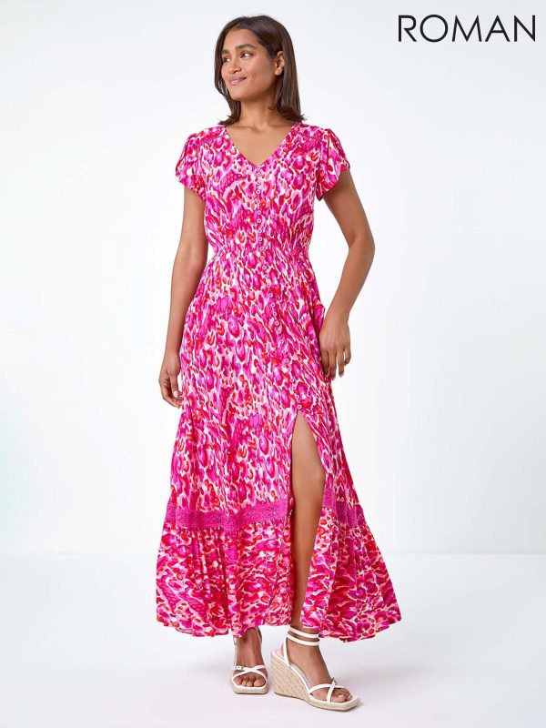 Roman Pink Abstract Print Shirred Waist Maxi Dress