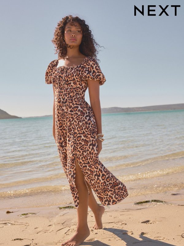 Animal Puff Sleeve Midi Dress