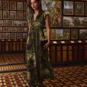 Green Floral Geo Print Kew Collection Pleated Mesh Print V-Neck Occasion Midi Dress