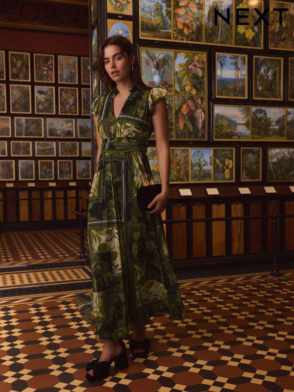 Green Floral Geo Print Kew Collection Pleated Mesh Print V-Neck Occasion Midi Dress
