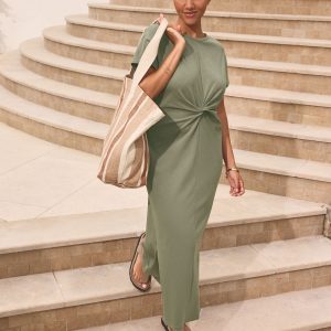 Khaki Green 100% Cotton Twist Short Sleeved T-Shirt Summer Dress