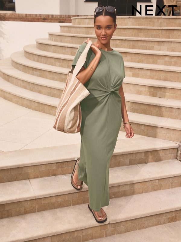 Khaki Green 100% Cotton Twist Short Sleeved T-Shirt Summer Dress