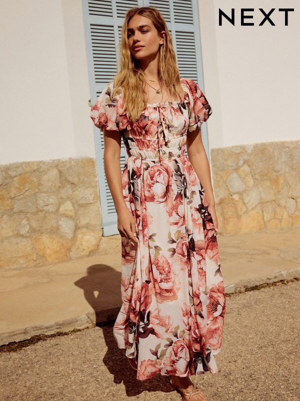 Pink Puff Sleeve Midi Dress