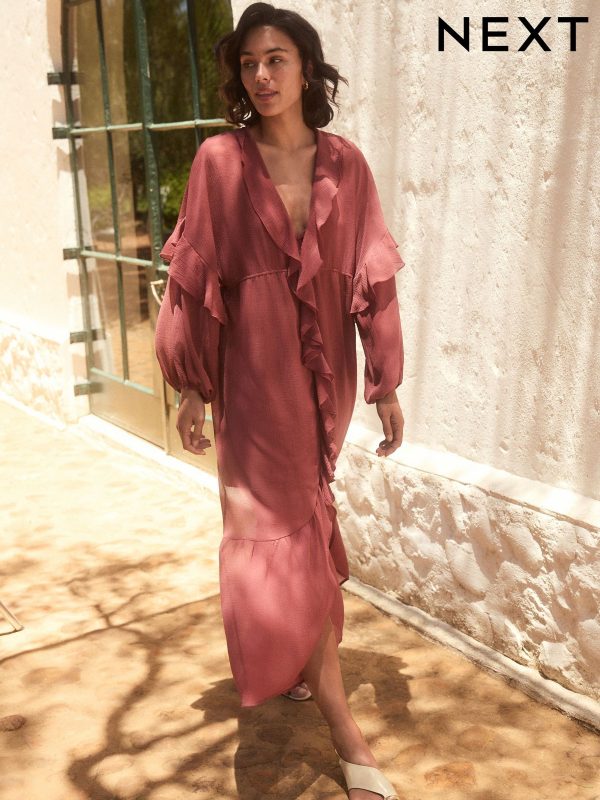 Pink Long Sleeve Ruffle Maxi Dress