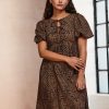 Brown Leopard Animal Textured Jersey Puff Sleeves Tie Front Detail Mini Dress