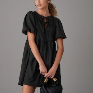 Black Textured Jersey Puff Sleeves Tie Front Detail Mini Dress