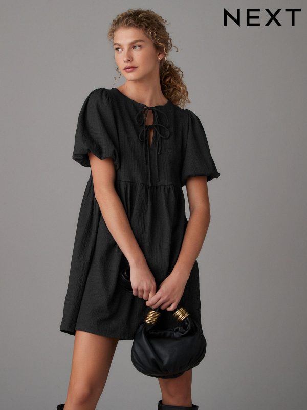 Black Textured Jersey Puff Sleeves Tie Front Detail Mini Dress