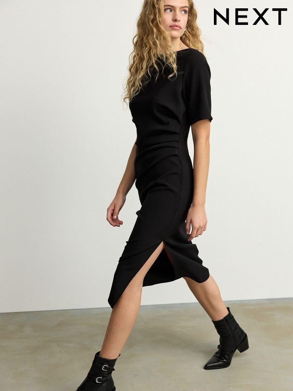 Black Ruched Short Sleeve Midi Dress