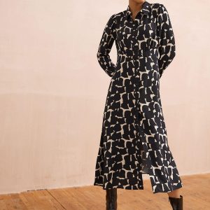 Black/White Geo Print Long Sleeves Midi Shirt Dress