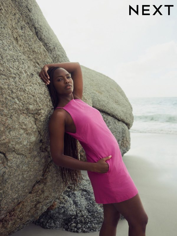 Bright Pink Mini Sleeveless Racer Stretch Linen Blend Dress