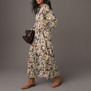 Cream Ditsy Floral Print V-Neck Boho Belted Jersey Midi Shirt Dress