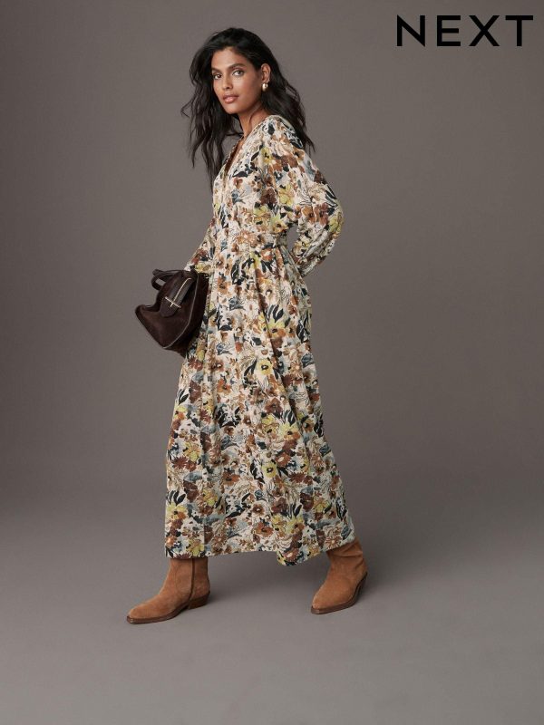 Cream Ditsy Floral Print V-Neck Boho Belted Jersey Midi Shirt Dress