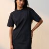 Black Square Neck Button Down Rib Column Midi Dress