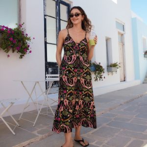 Black/Pink 100% Cotton Jersey Midi Dress