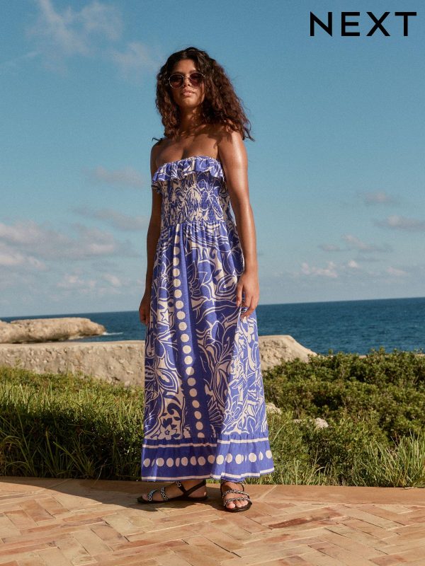 Blue 100% Cotton Bandeau Frill Summer Midi Dress