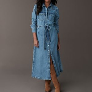 Mid Blue Tiered Seam Front Denim 100% Cotton Midi Dress