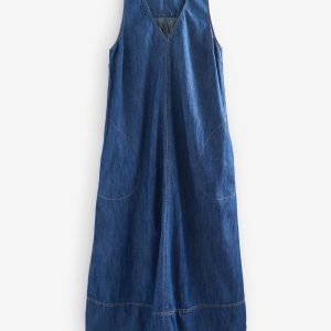 Dark Blue V-Neck Denim 100% Cotton Maxi Dress