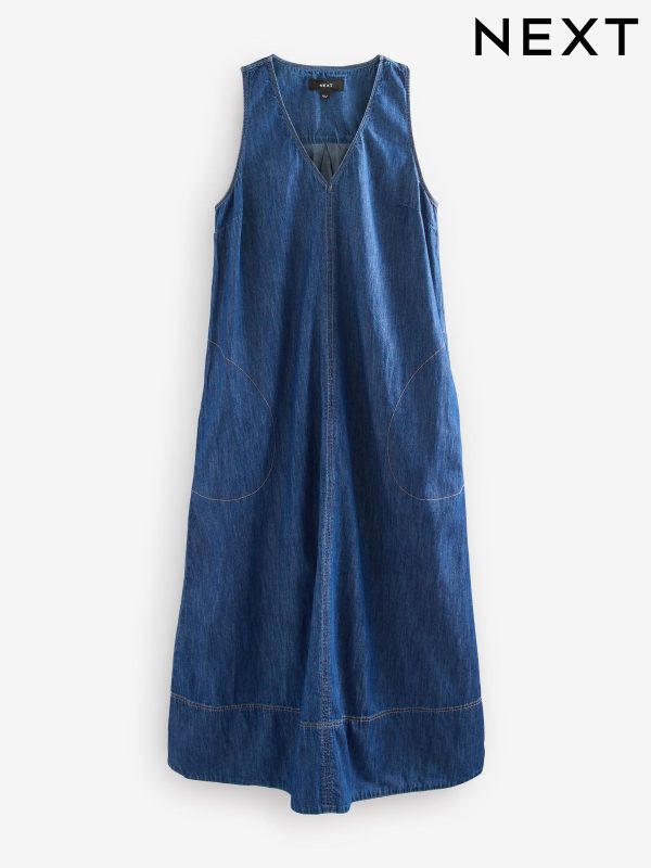 Dark Blue V-Neck Denim 100% Cotton Maxi Dress