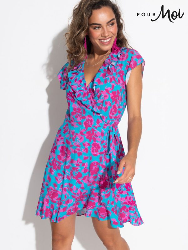 Pour Moi Blue Frill Wrap Woven Beach Dress