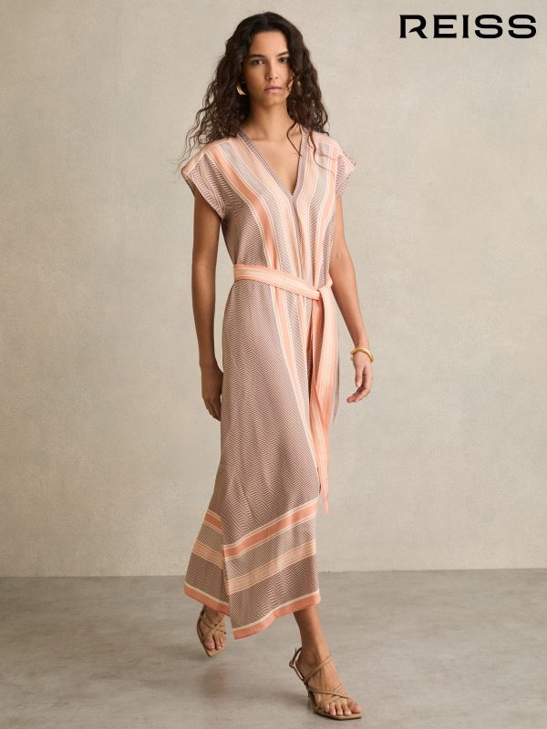 Reiss Coral Gina Scarf Print Belted Midi Dress