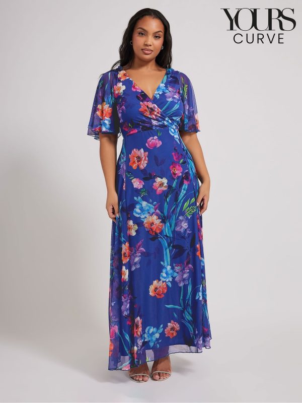 Yours Curve Blue London Floral Wrap Mesh Maxi Dress