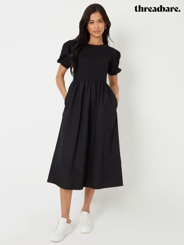 Threadbare Black 100% Cotton Puff Sleeve Jersey Poplin Mix Maxi Dress