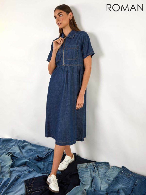 Roman Blue Denim Zip Midi Dress