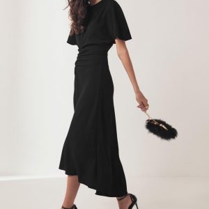 Black Short Sleeve Ruched Midi Dress