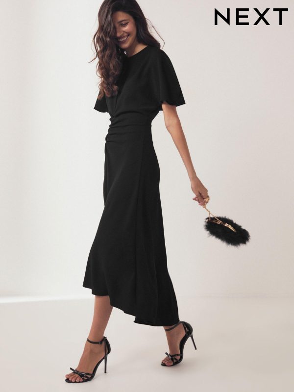 Black Short Sleeve Ruched Midi Dress