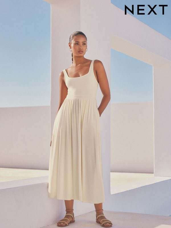 Cream Jersey Waisted Summer Dress