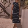 Black/White Stripe Seersucker Bandeau Midi Summer Dress