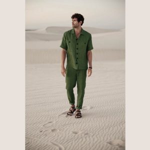 Mens green linen button down shirt and pants / Custom green linen suit / Casual pant suit for men plus size / Linen loungewear set