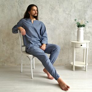 MEN LINEN SUIT: V-neck shirt with long sleeves, tapered linen pants. Mens Linen Loungewear, Striped Linen set, Gift for Him! Men’s Flex Suit